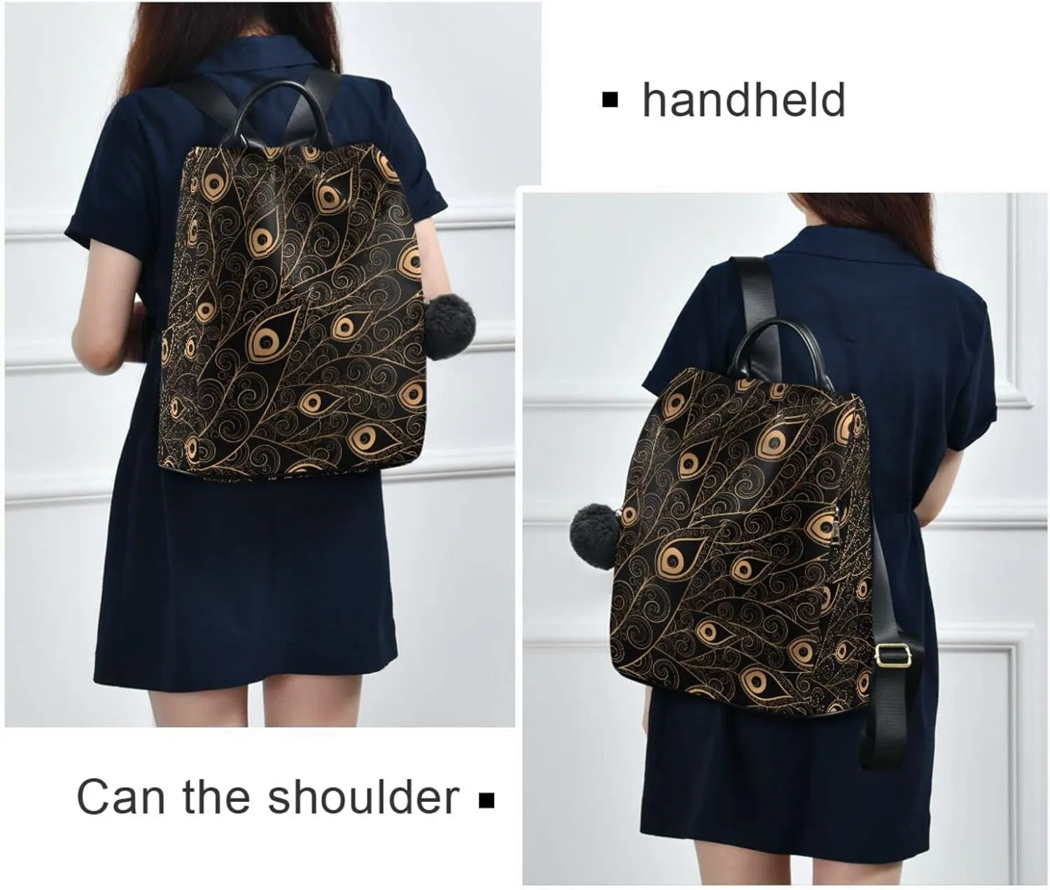 Fustylead Golden Black Peacock Feathers Fashion Backpack Purse for Women Anti Theft Back Pack Shoulder Bag