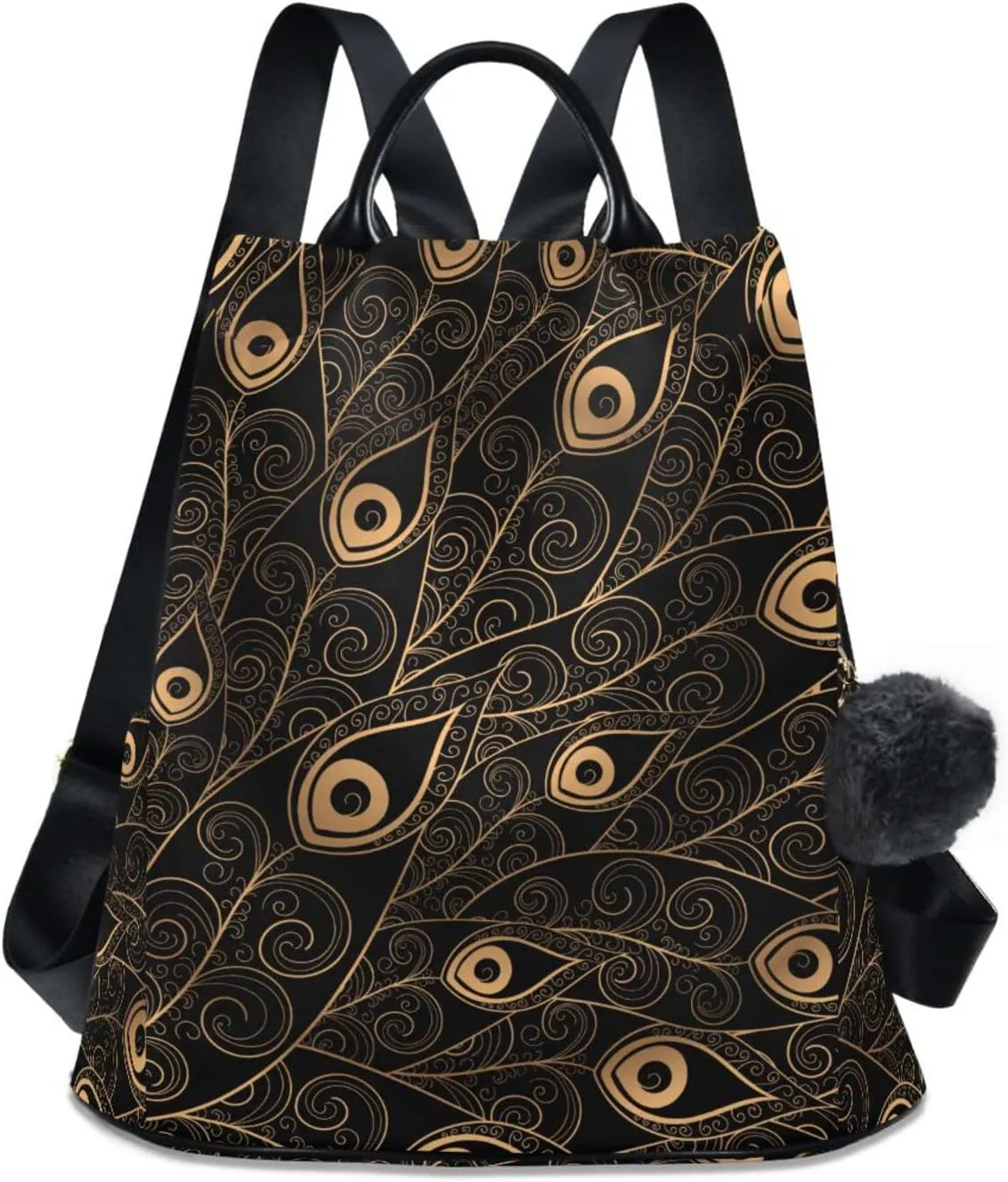 Fustylead Golden Black Peacock Feathers Fashion Backpack Purse for Women Anti Theft Back Pack Shoulder Bag