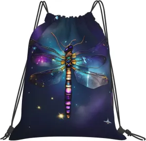 Galaxy Animal Dragonfly Print Sports Drawstring Backpack,Water Resistant Bag, Gym Backpack for Women Men