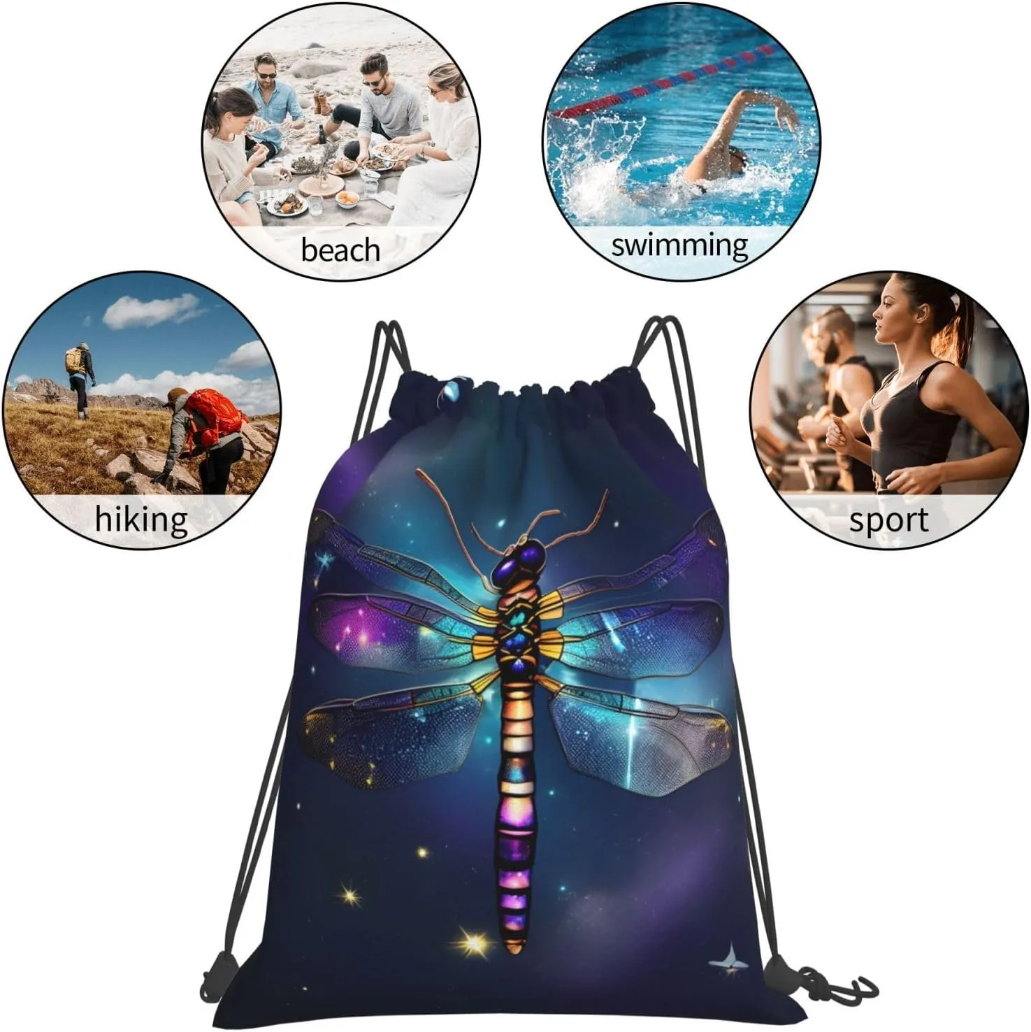 Galaxy Animal Dragonfly Print Sports Drawstring Backpack,Water Resistant Bag, Gym Backpack for Women Men