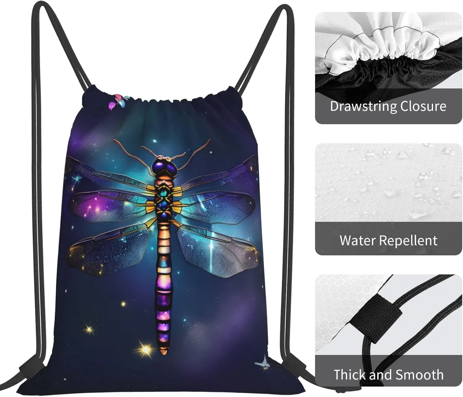 Galaxy Animal Dragonfly Print Sports Drawstring Backpack,Water Resistant Bag, Gym Backpack for Women Men