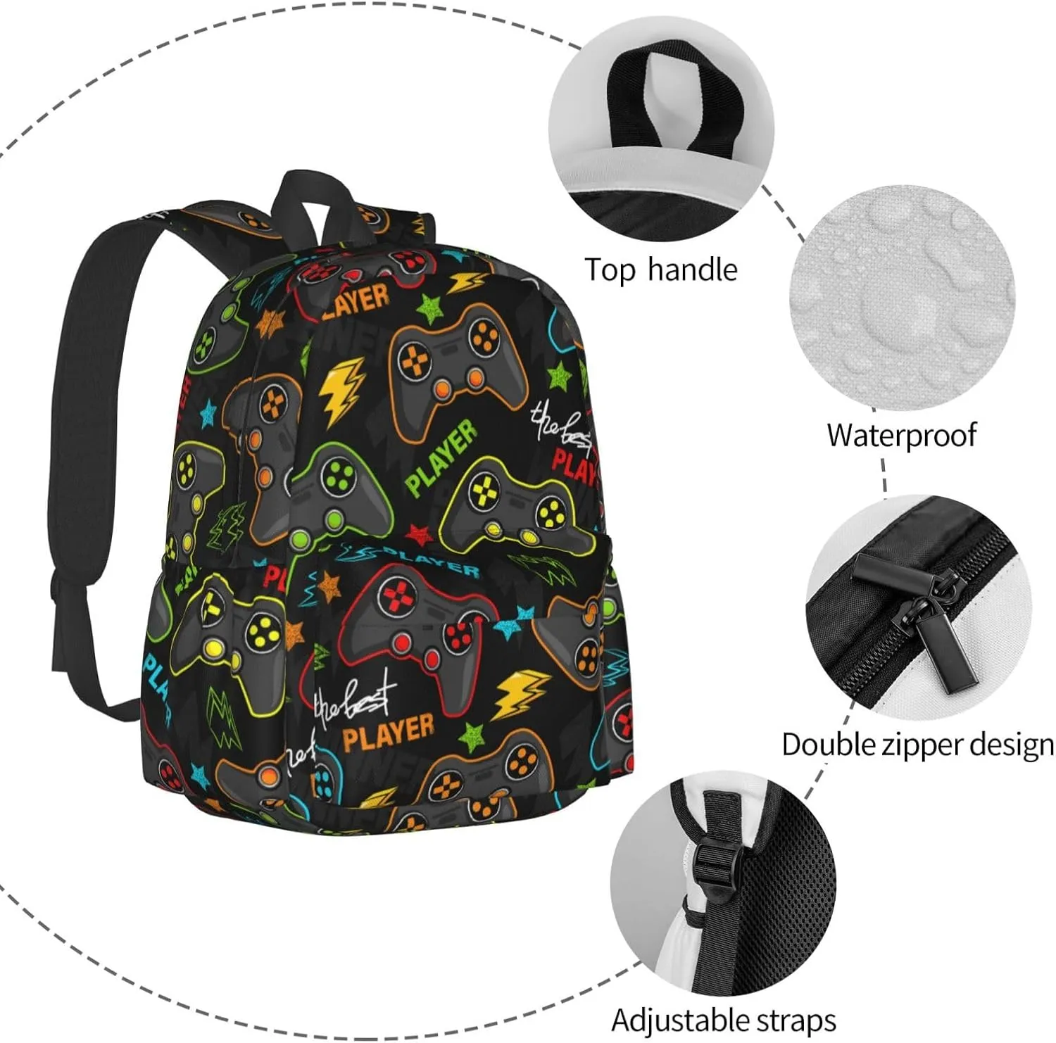 Game Joysticks Laptop Backpack For Men Women, Gaming Theme Lightweight Daypack Bookbag For Daily Commutes Business Travel Hiking