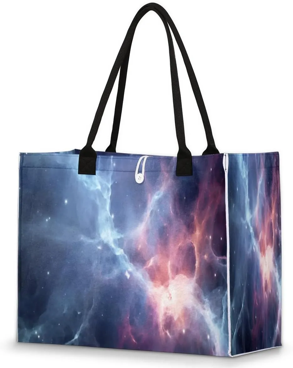 Gaseous Galactic Nebula Large Beach Tote Bag for Women Reusable Grocery Bag with Sturdy Handles Inside Zipper Pocket Portable Gift Bag for Work Travel Shopping Pool Beach Fitness Daily Use