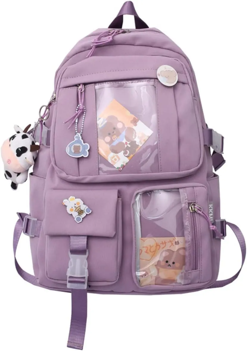 GGOOB Kawaii Backpack with Pins Kawaii School Backpack Cute Aesthetic Backpack Cute Kawaii Backpack for School (Purple, With Accessories)