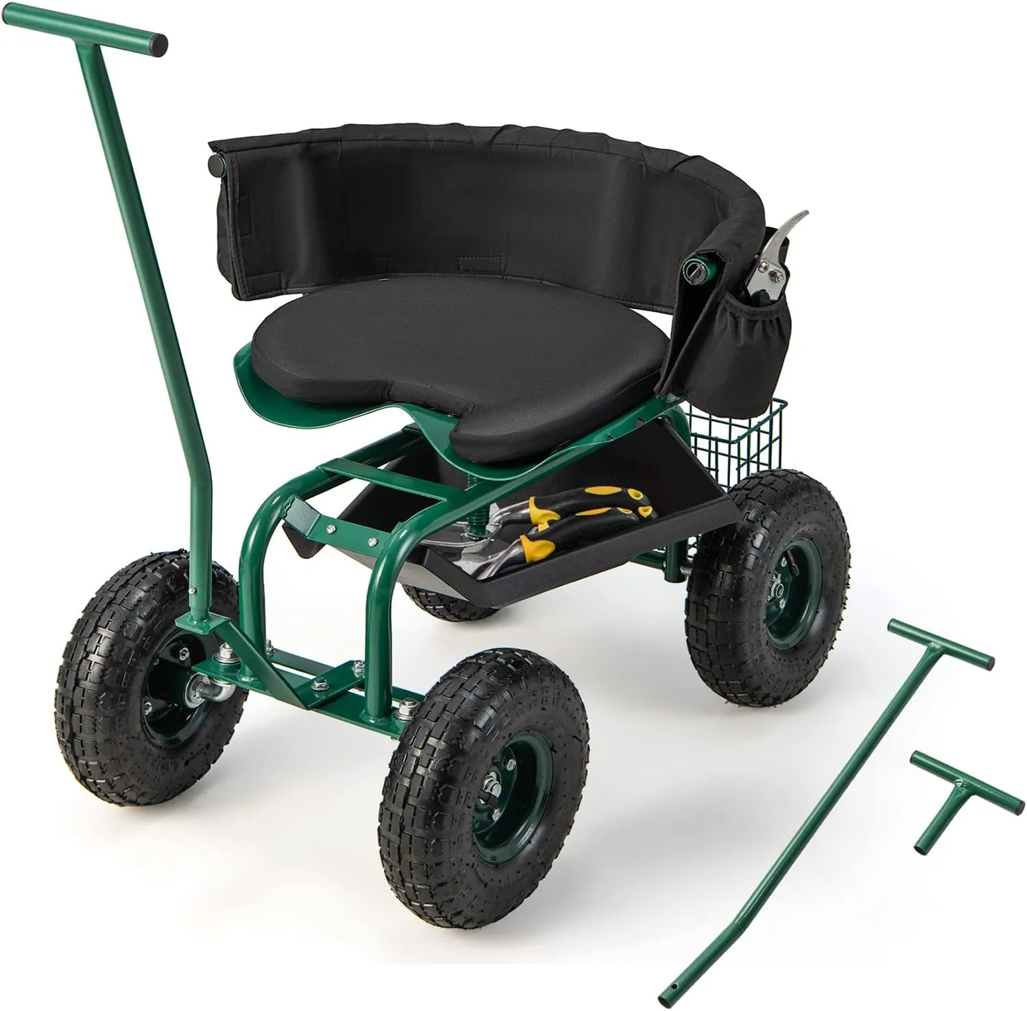 Giantex Garden Cart, Rolling Workseat with 4 Wheels, Tool Tray, Removable Cushion, Storage Basket, 2 Handles, Adjustable Height & 360 Swivel Work Seat, Gardening Stool for Patio Lawn Garden Yard