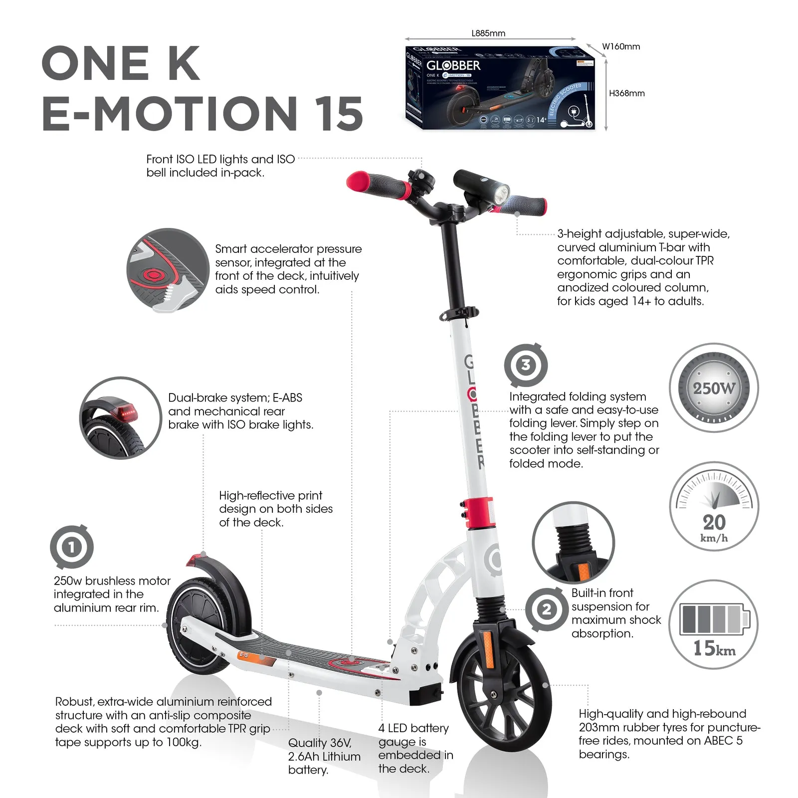 Globber K One E-Motion 15 Foldable Electric Scooter - White/Red