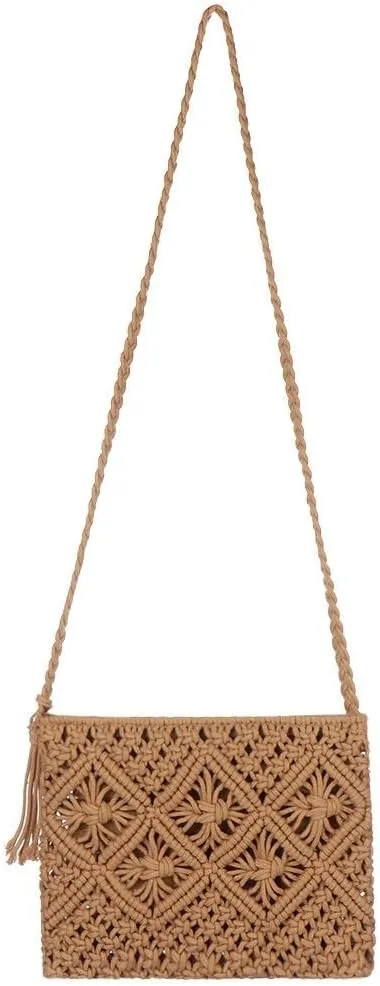 gofidin Women's Handwoven Crossbody Straw Handbag,Summer Beach Shoulder Tassel Handbag Bohemian, Cotton Crochet Woven Handmade Zipper Purse Bag