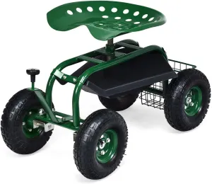 Goplus Garden Seat with Wheels, Rolling Garden Cart with 360 Degree Swivel Seat for Planting, Gardening Stool w/Tool Tray, Basket, Gardening Chair Workseat, Patio Wagon Scooter for Seniors