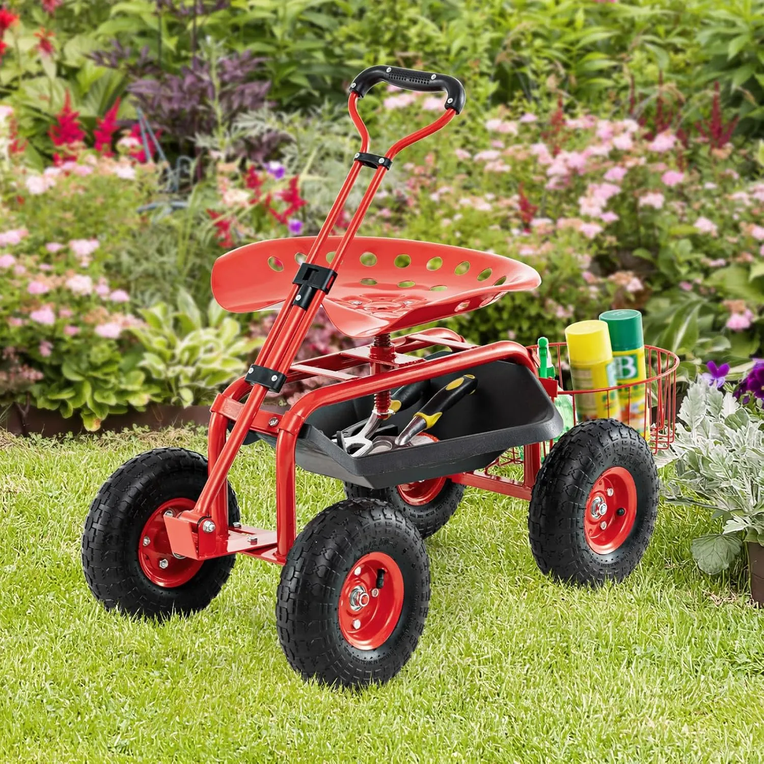 Goplus Rolling Garden Cart with Seat, Outdoor Garden Stool with Wheels, Tool Tray & Basket, Adjustable Steering Handle, 360 Degree Swivel Seat for Planting, Gardening Scooter for Lawn, Yard, Patio