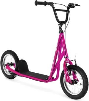 Goplus Youth Kick Scooter, Kids Kick Scooter W/ 12-Inch Air Filled Wheels, Carbon Steel Frame, Adjustable Handlebar, Front and Rear Dual Brakes, Ride On Toys for Adults Teens 8 