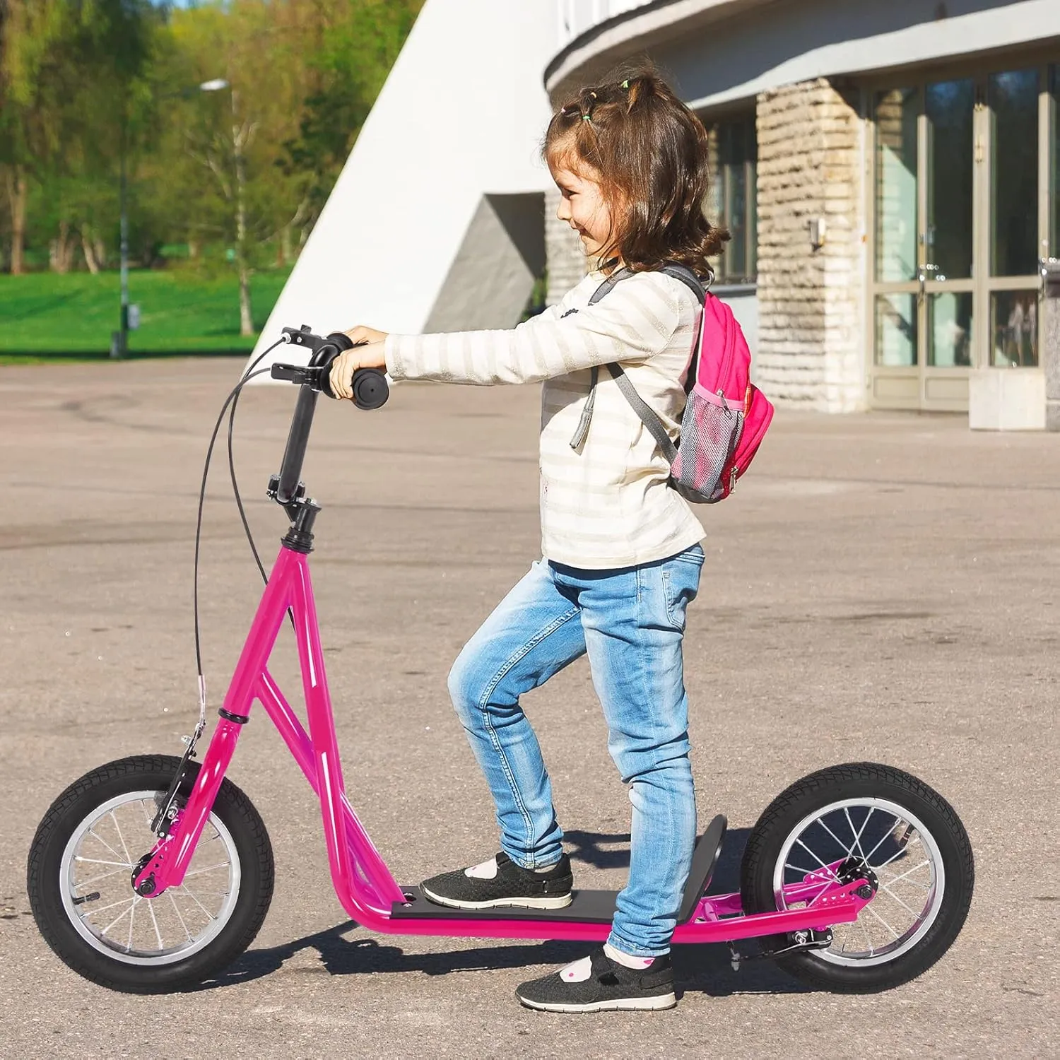 Goplus Youth Kick Scooter, Kids Kick Scooter W/ 12-Inch Air Filled Wheels, Carbon Steel Frame, Adjustable Handlebar, Front and Rear Dual Brakes, Ride On Toys for Adults Teens 8 