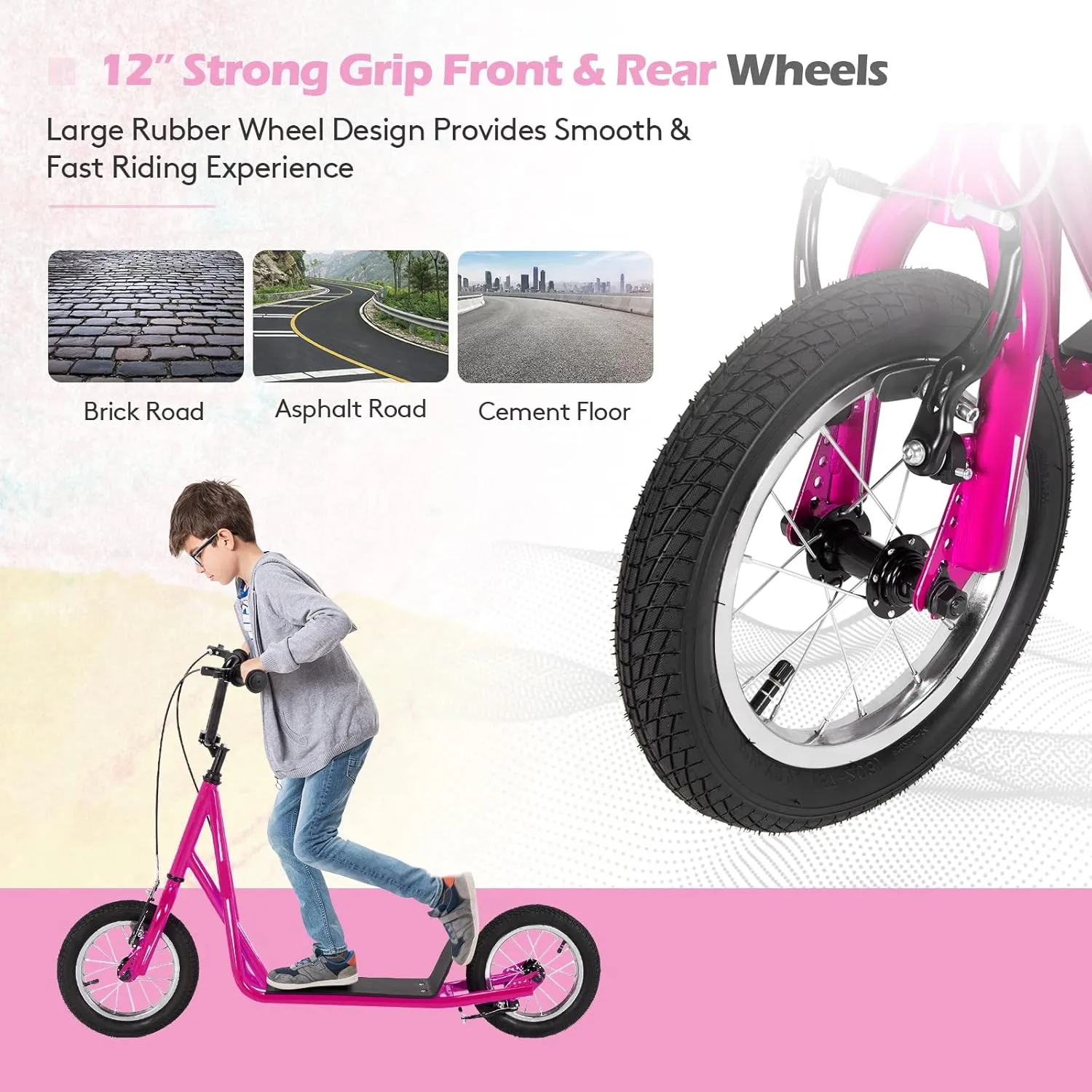 Goplus Youth Kick Scooter, Kids Kick Scooter W/ 12-Inch Air Filled Wheels, Carbon Steel Frame, Adjustable Handlebar, Front and Rear Dual Brakes, Ride On Toys for Adults Teens 8 