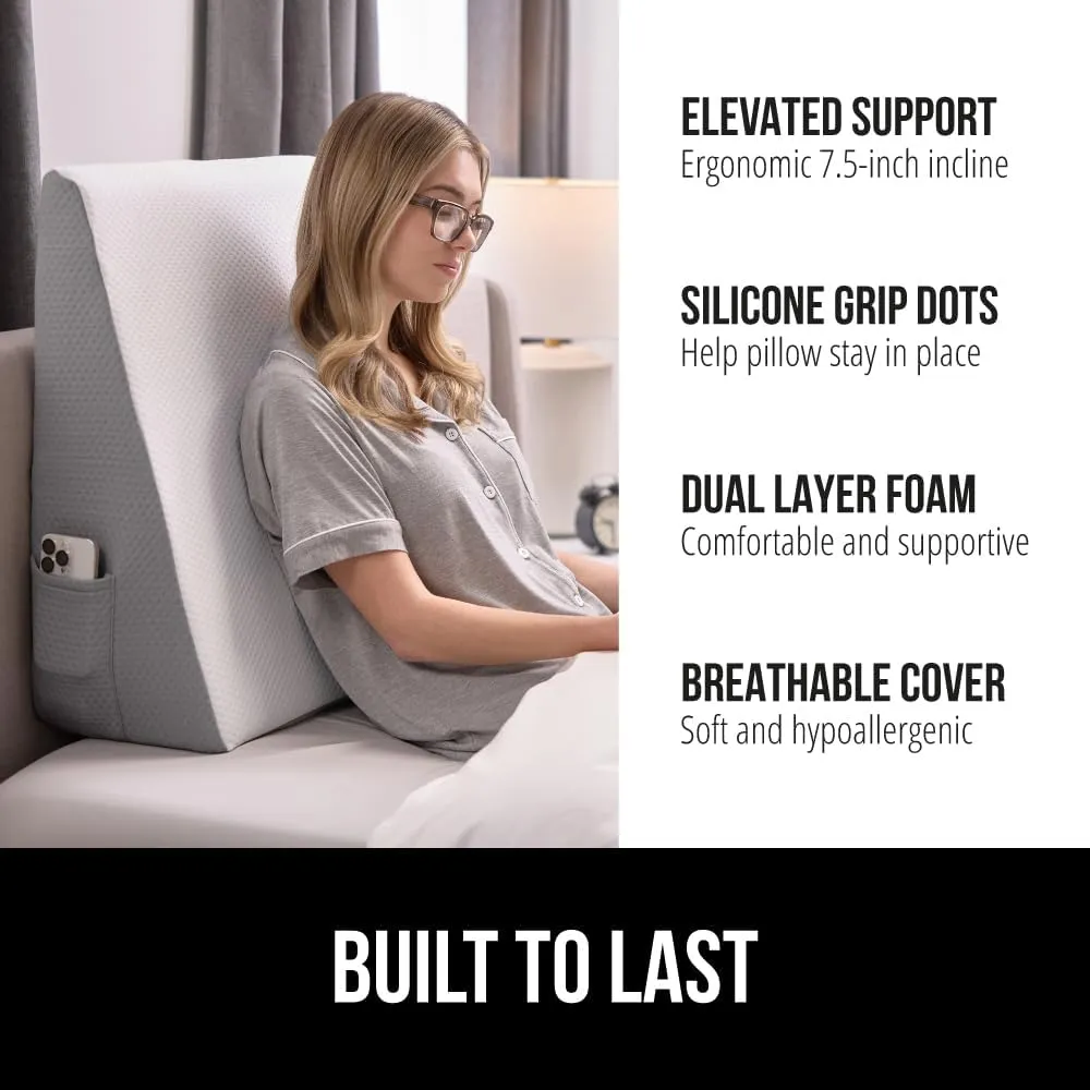 GORILLA GRIP Bed Wedge Pillow for Sleeping, Soft Dual Layer Memory Foam, Stay in Place Dots, Breathable, Ergonomic Headboard Triangle Sleep Support, Reading Elevation Anti Snoring, 7.5in White Gray