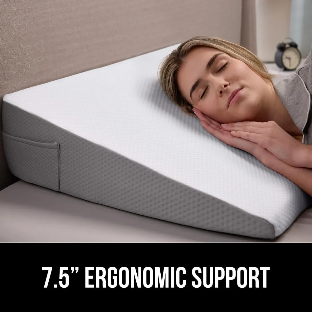 GORILLA GRIP Bed Wedge Pillow for Sleeping, Soft Dual Layer Memory Foam, Stay in Place Dots, Breathable, Ergonomic Headboard Triangle Sleep Support, Reading Elevation Anti Snoring, 7.5in White Gray