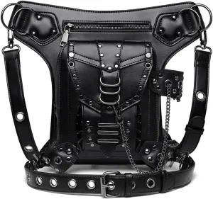 Gothic Waist Bag Fanny Pack Leather Steampunk Bag Purse Chain Leg Bag Crossbody Shoulder Messenger Hip Pouch (Black 095)