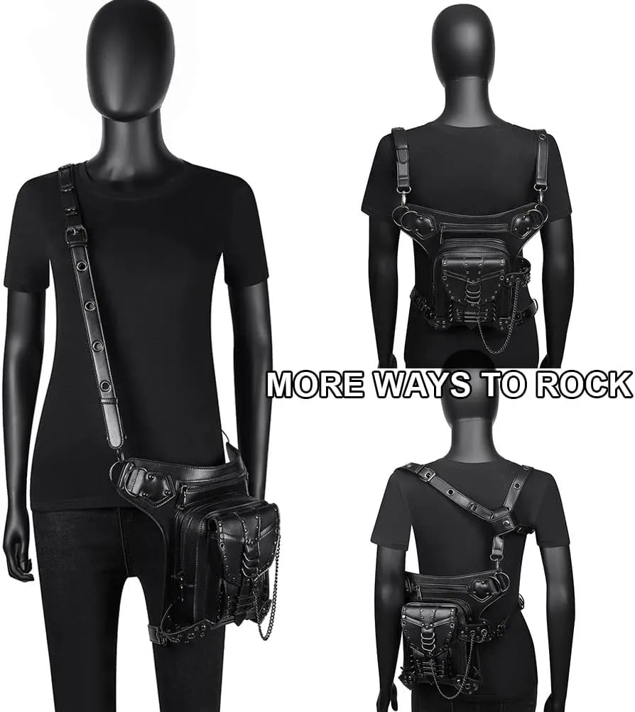 Gothic Waist Bag Fanny Pack Leather Steampunk Bag Purse Chain Leg Bag Crossbody Shoulder Messenger Hip Pouch (Black 095)