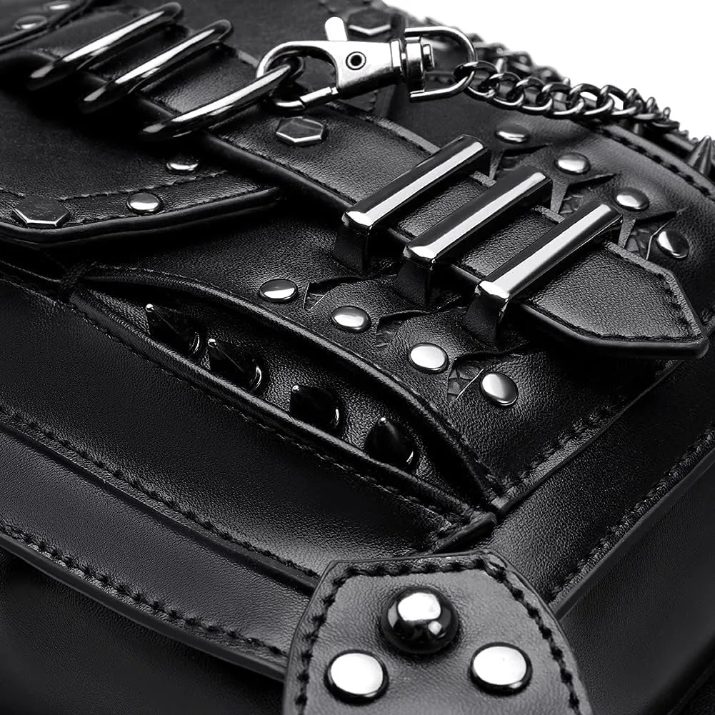 Gothic Waist Bag Fanny Pack Leather Steampunk Bag Purse Chain Leg Bag Crossbody Shoulder Messenger Hip Pouch (Black 095)
