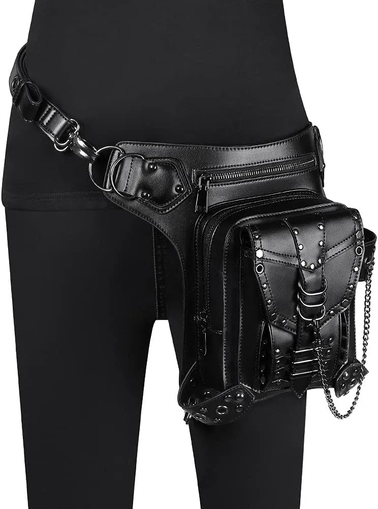 Gothic Waist Bag Fanny Pack Leather Steampunk Bag Purse Chain Leg Bag Crossbody Shoulder Messenger Hip Pouch (Black 095)