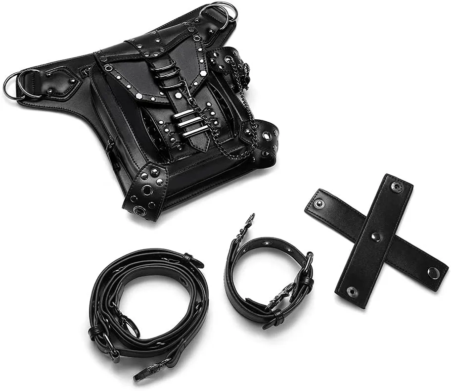 Gothic Waist Bag Fanny Pack Leather Steampunk Bag Purse Chain Leg Bag Crossbody Shoulder Messenger Hip Pouch (Black 095)