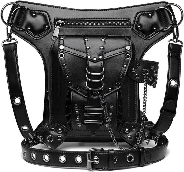 Gothic Waist Bag Fanny Pack Leather Steampunk Bag Purse Chain Leg Bag Crossbody Shoulder Messenger Hip Pouch (Black 095)