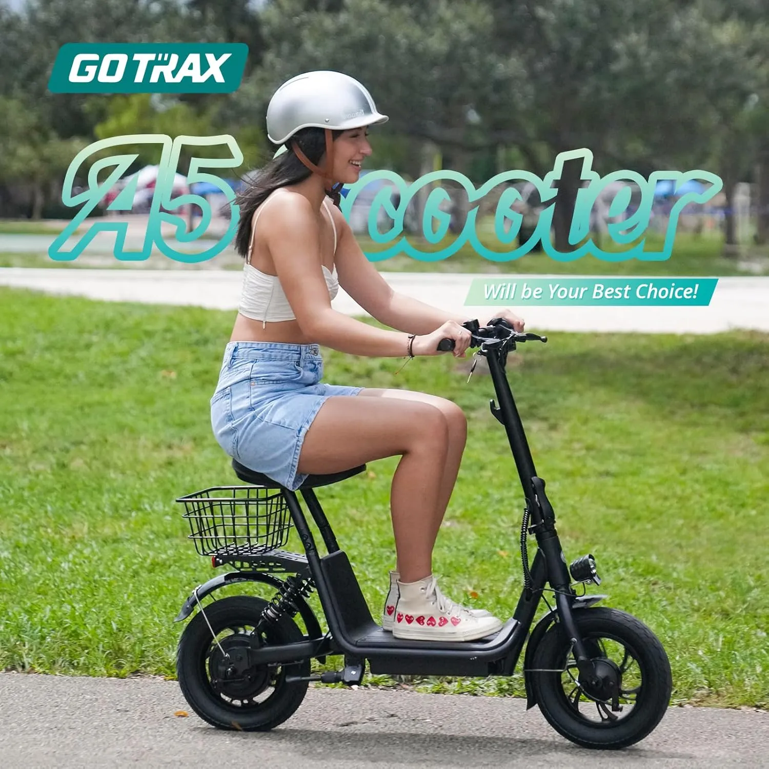Gotrax A5 Electric Scooter w/Seat for 13 , 12" Pneumatic Tire, Max 15.5 Miles &15.5 Mph Power by 400W Motor, Dual Rear Shock Absorber &Dual Brake, Comfortable Wider Seat & Carry Basket & Hook, Black