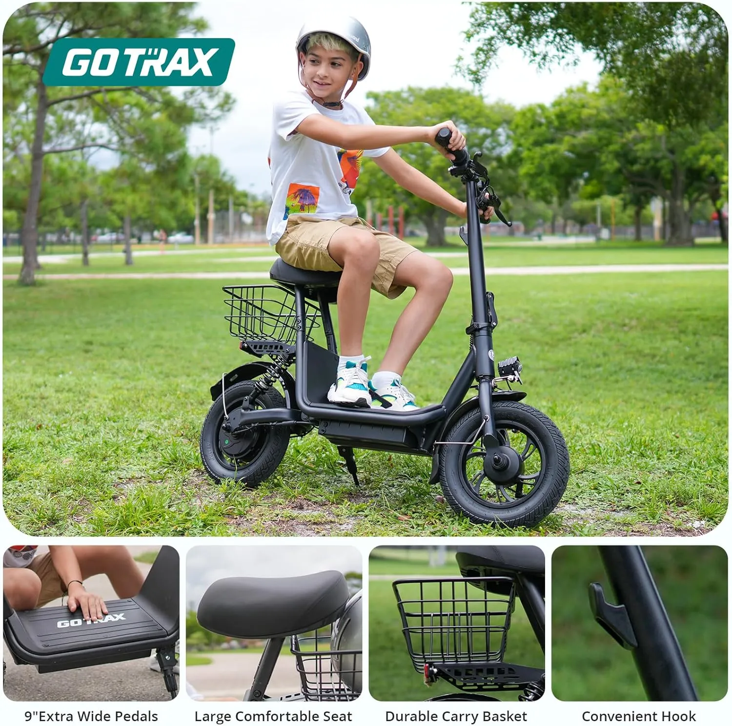 Gotrax A5 Electric Scooter w/Seat for 13 , 12" Pneumatic Tire, Max 15.5 Miles &15.5 Mph Power by 400W Motor, Dual Rear Shock Absorber &Dual Brake, Comfortable Wider Seat & Carry Basket & Hook, Black