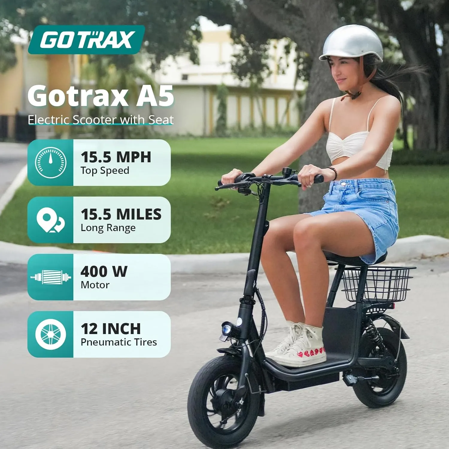 Gotrax A5 Electric Scooter w/Seat for 13 , 12" Pneumatic Tire, Max 15.5 Miles &15.5 Mph Power by 400W Motor, Dual Rear Shock Absorber &Dual Brake, Comfortable Wider Seat & Carry Basket & Hook, Black