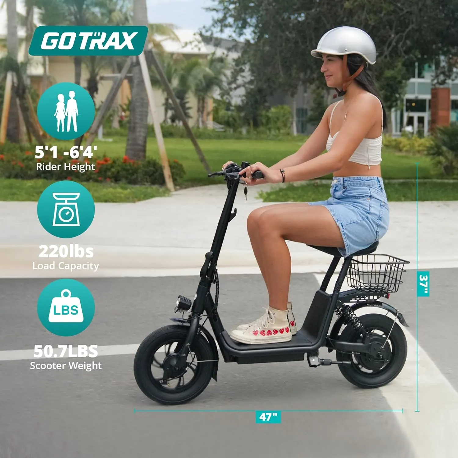 Gotrax A5 Electric Scooter w/Seat for 13 , 12" Pneumatic Tire, Max 15.5 Miles &15.5 Mph Power by 400W Motor, Dual Rear Shock Absorber &Dual Brake, Comfortable Wider Seat & Carry Basket & Hook, Black