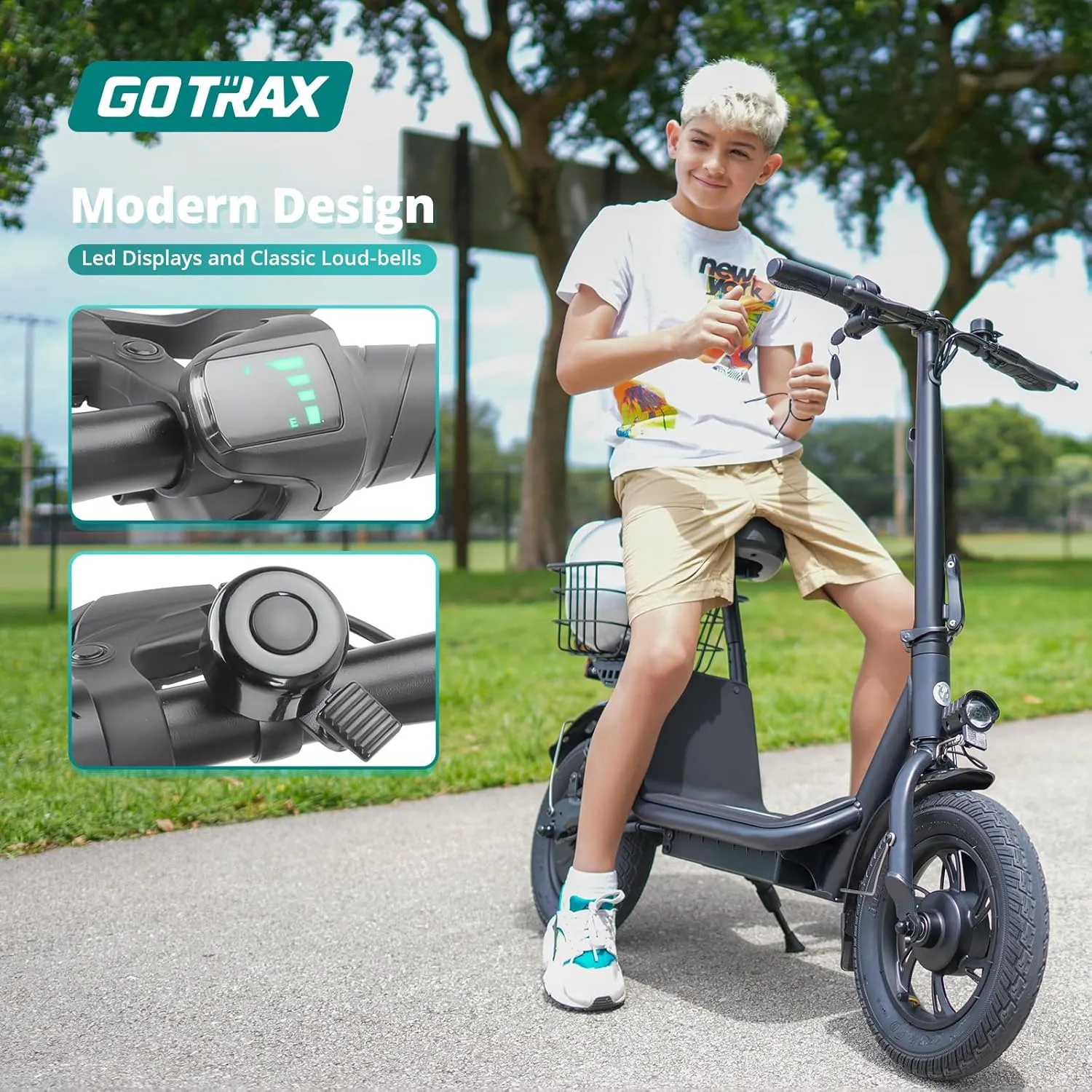 Gotrax A5 Electric Scooter w/Seat for 13 , 12" Pneumatic Tire, Max 15.5 Miles &15.5 Mph Power by 400W Motor, Dual Rear Shock Absorber &Dual Brake, Comfortable Wider Seat & Carry Basket & Hook, Black
