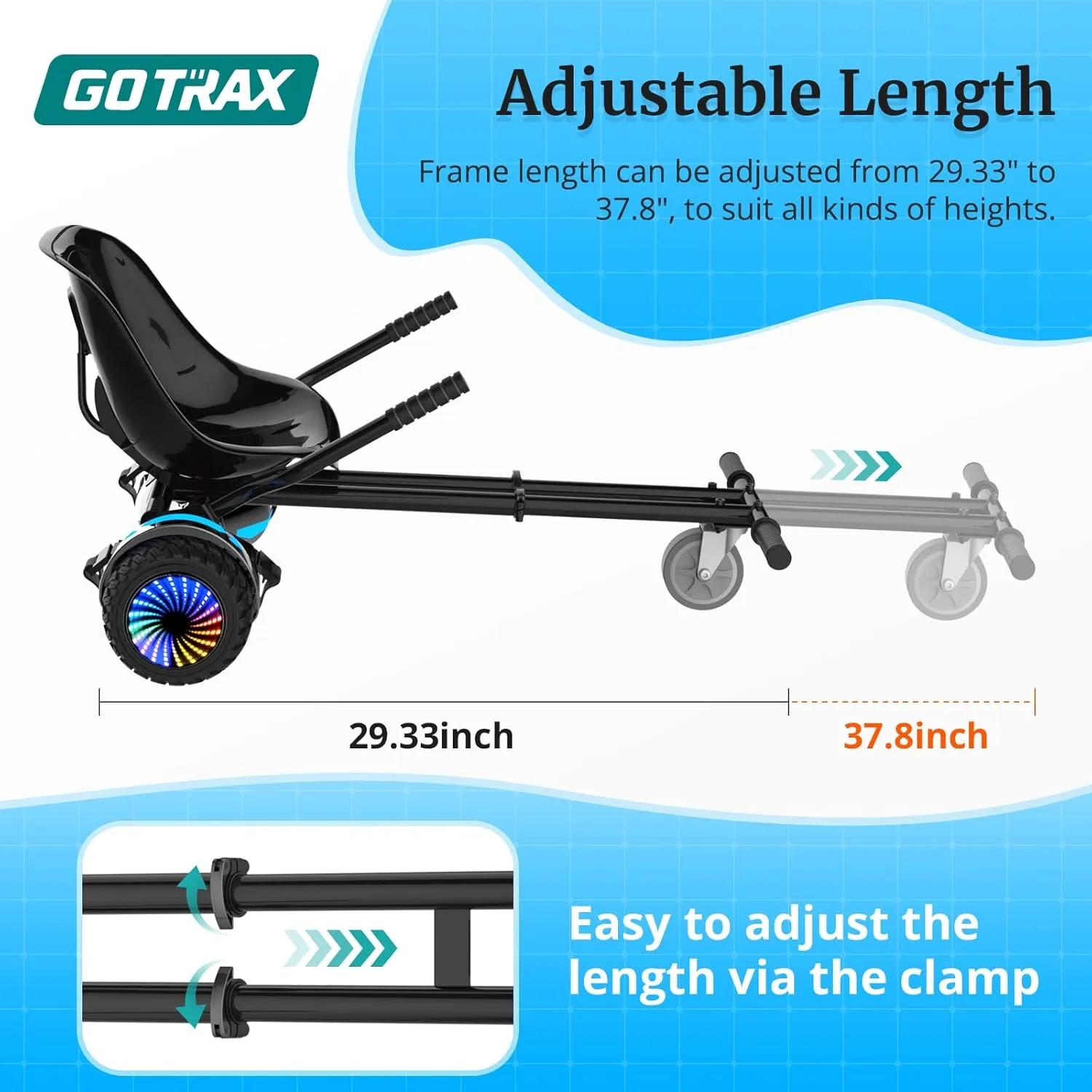 Gotrax Hoverboard Kart Seat Attachment Accessory for 6.5" 8" 8.5" 10" Self Balancing Scooter, Adjustable Frame Length and Handlebar Control Buggy Attachment, Hover Board Go Kart Accessory Kids Adults