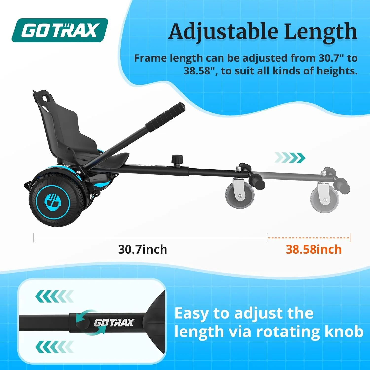 Gotrax Hoverboard Kart Seat Attachment Accessory for 6.5" 8" 8.5" 10" Self Balancing Scooter, Adjustable Frame Length and Handlebar Control Buggy Attachment, Hover Board Go Kart Accessory Kids Adults