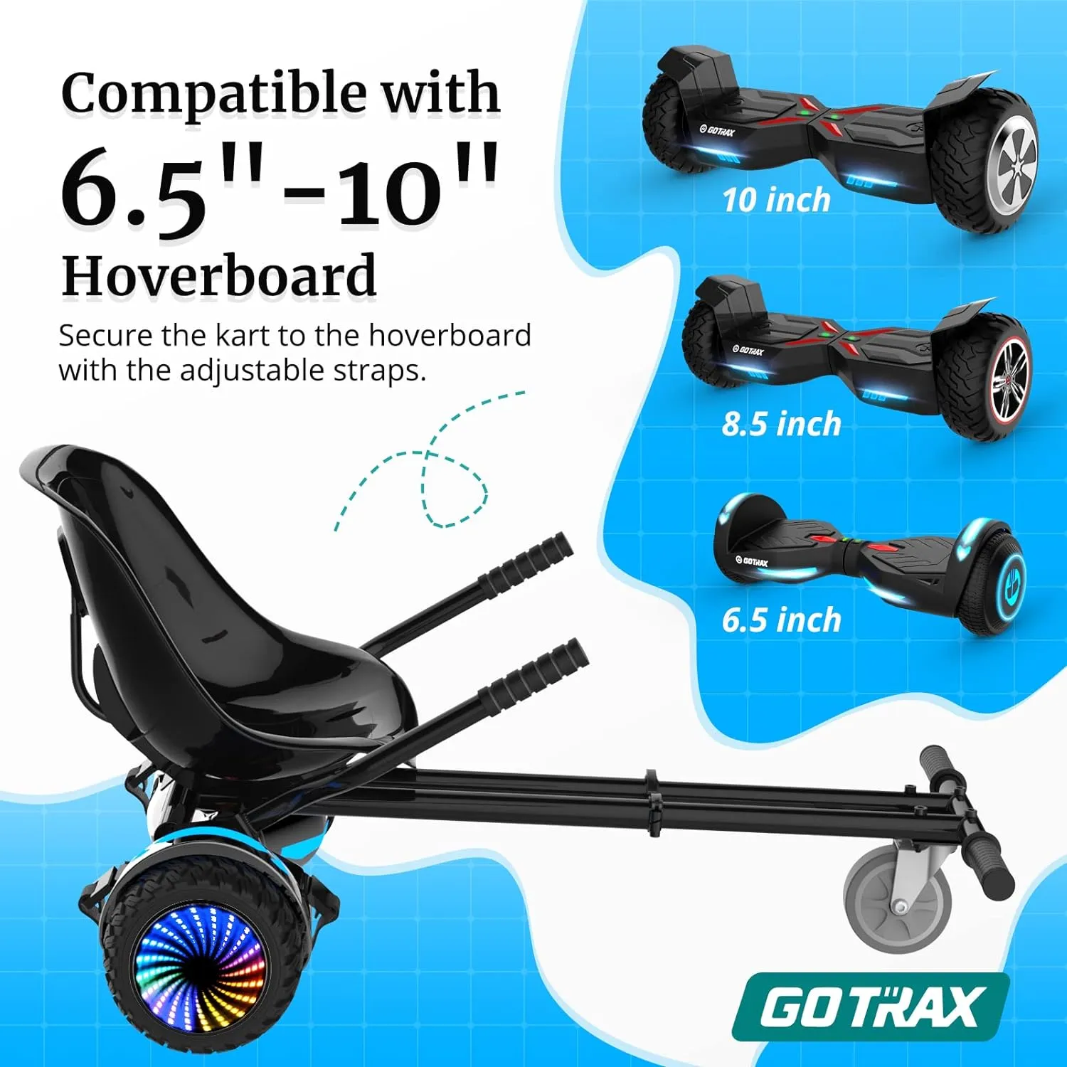 Gotrax Hoverboard Kart Seat Attachment Accessory for 6.5" 8" 8.5" 10" Self Balancing Scooter, Adjustable Frame Length and Handlebar Control Buggy Attachment, Hover Board Go Kart Accessory Kids Adults