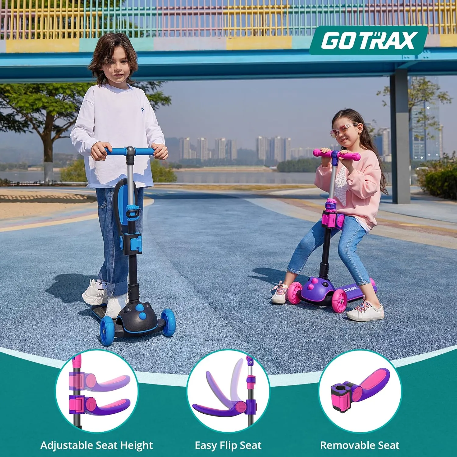 Gotrax KS3 Pro Folding Kick Scooter for Kids, One Key Removable Seat & 3 Extra Wide PU Light-Up Wheels and Anti-Slip Deck, Adjustable Height Handlebar and Lean-to-Steer Scooter for Children Aged 2-8