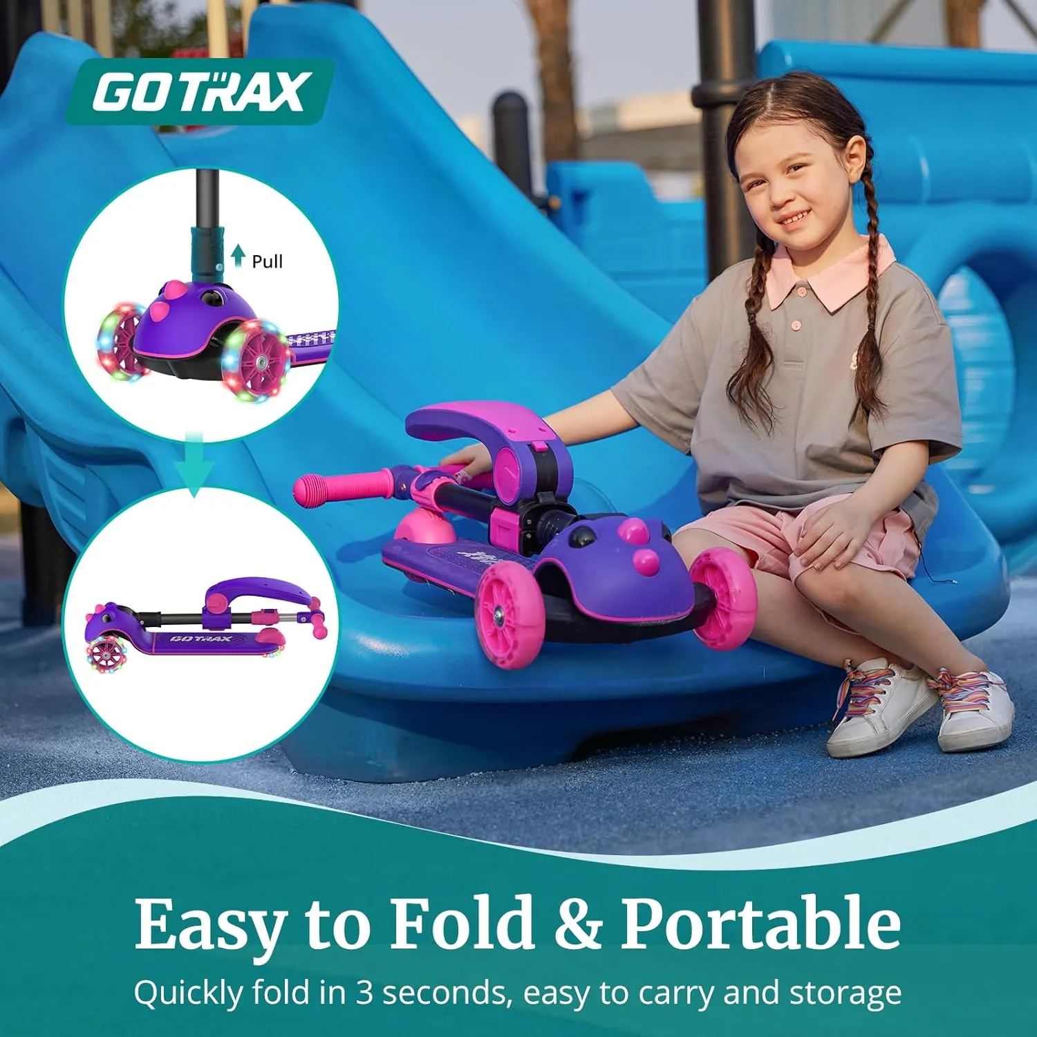 Gotrax KS3 Pro Folding Kick Scooter for Kids, One Key Removable Seat & 3 Extra Wide PU Light-Up Wheels and Anti-Slip Deck, Adjustable Height Handlebar and Lean-to-Steer Scooter for Children Aged 2-8