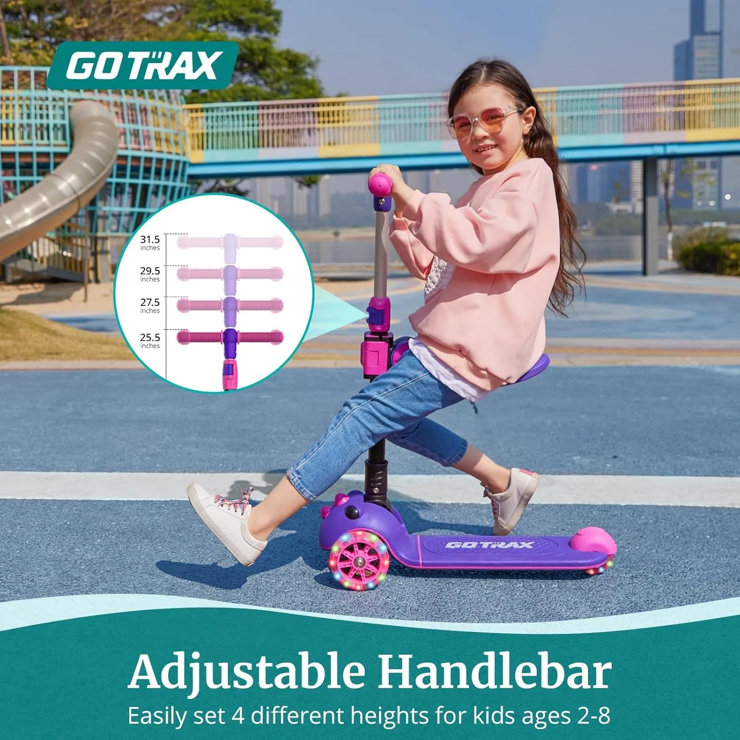 Gotrax KS3 Pro Folding Kick Scooter for Kids, One Key Removable Seat & 3 Extra Wide PU Light-Up Wheels and Anti-Slip Deck, Adjustable Height Handlebar and Lean-to-Steer Scooter for Children Aged 2-8