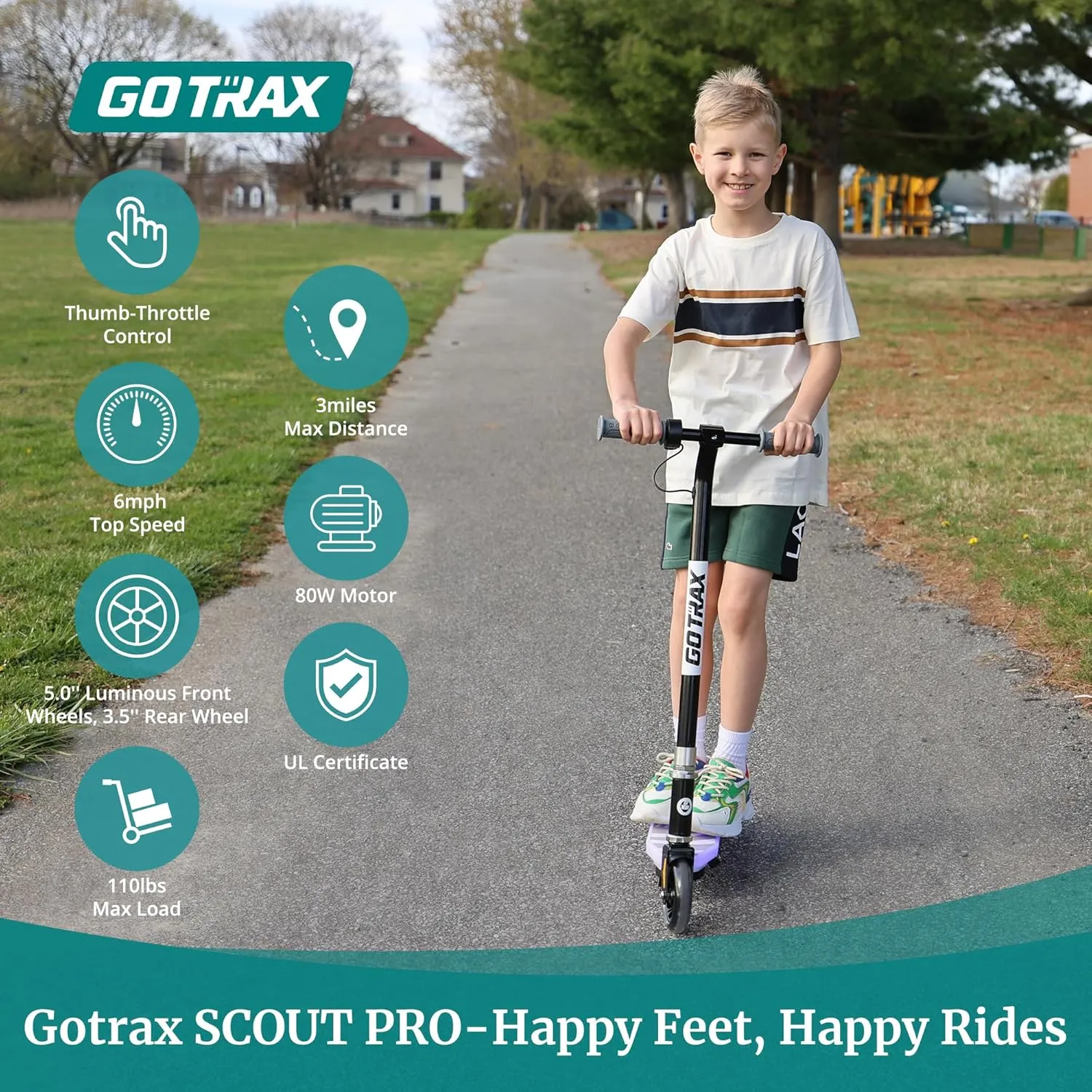 Gotrax Scout Pro Electric Scooter for Kids, Max 3 Mile Range, 6 Mph Speed by 80W Motor and Thumb Throttle, 5" Solid Wheels with Flash Wheel & Deck Lights, Max 110 Lbs Load for Boy & Girl Ages 4-7