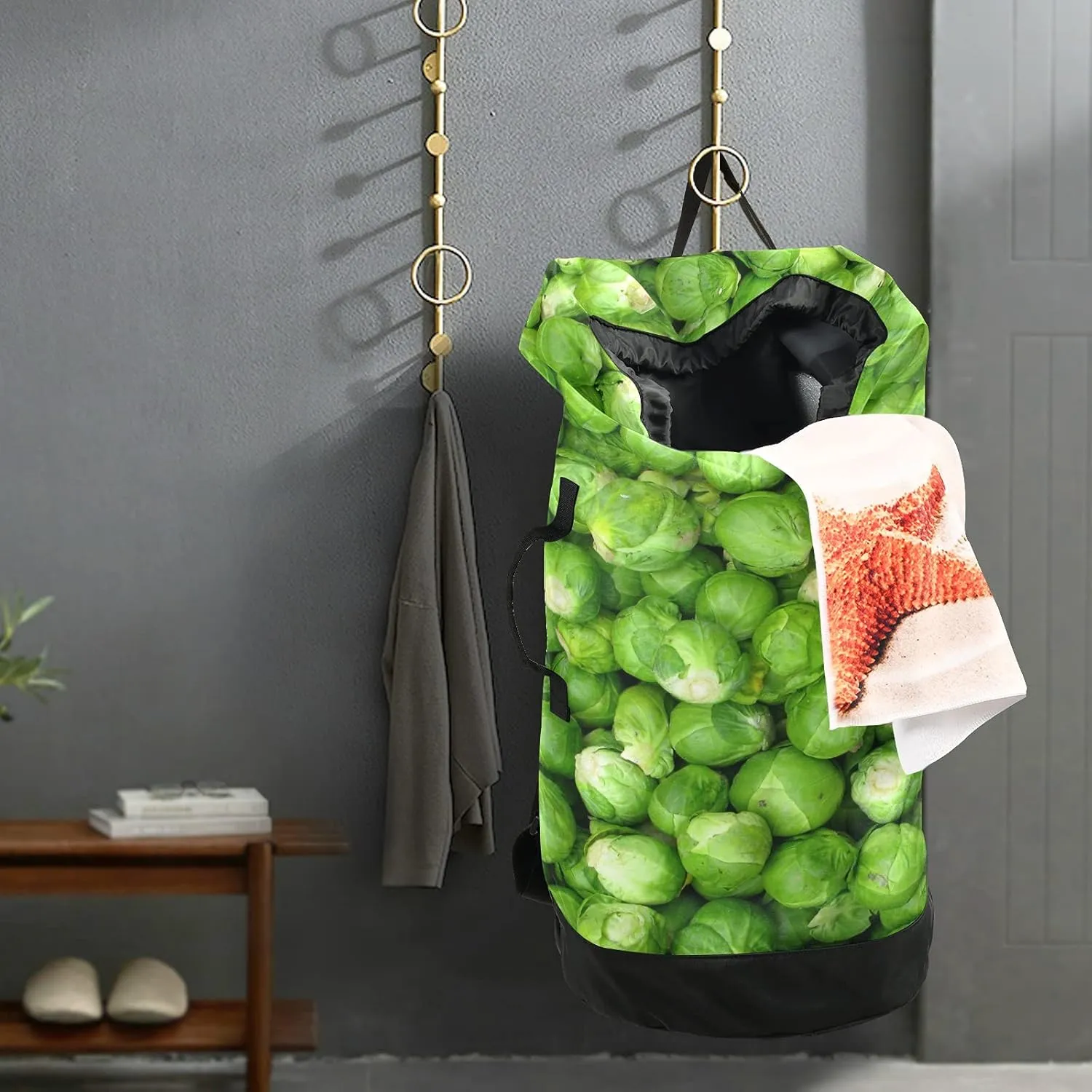 Green Brussel Sprout Vegetables Laundry Bag Large Heavy Duty Laundry Backpack with Shoulder Straps Waterproof Laundry bag for Traveling Camp Dirty Clothes Organizer for College Students