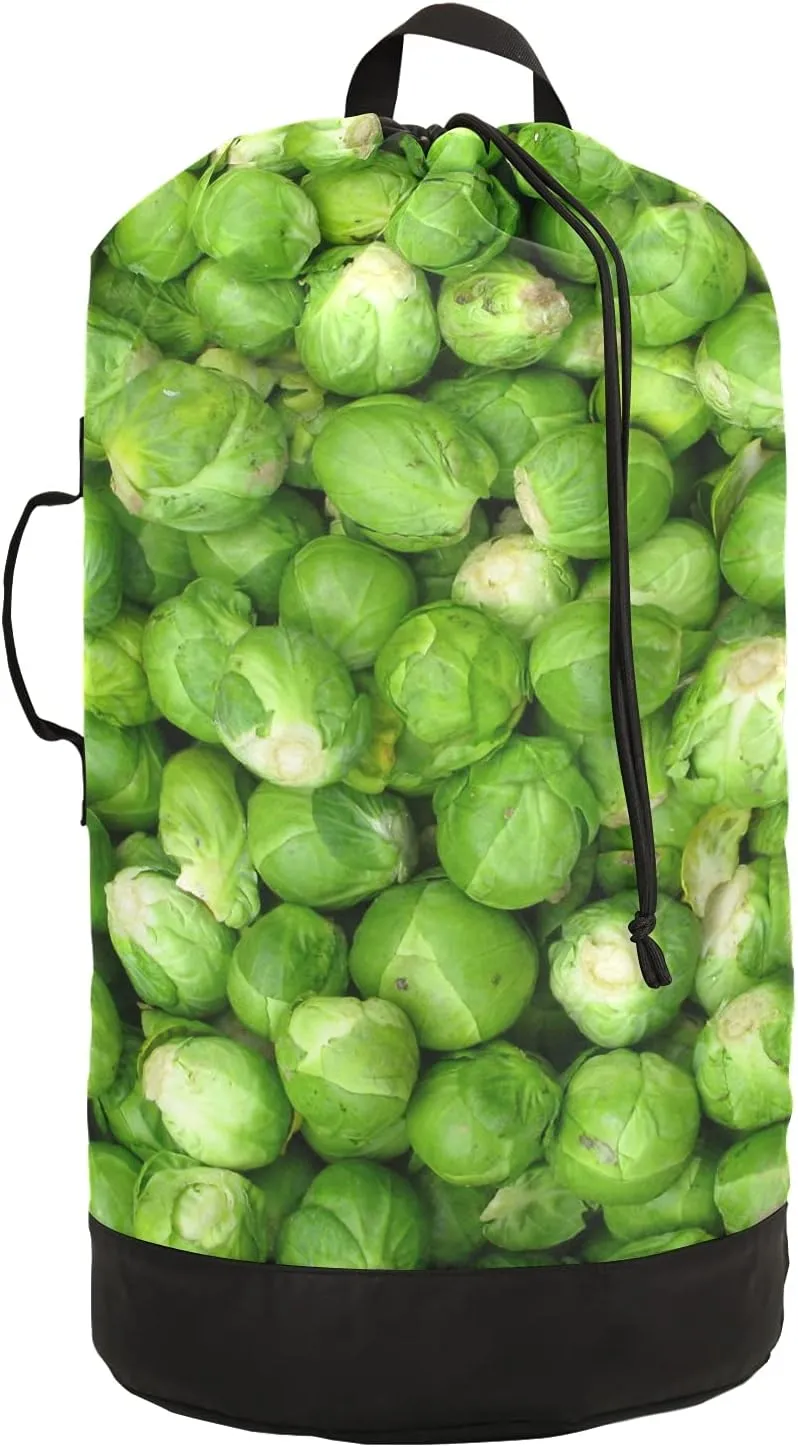 Green Brussel Sprout Vegetables Laundry Bag Large Heavy Duty Laundry Backpack with Shoulder Straps Waterproof Laundry bag for Traveling Camp Dirty Clothes Organizer for College Students