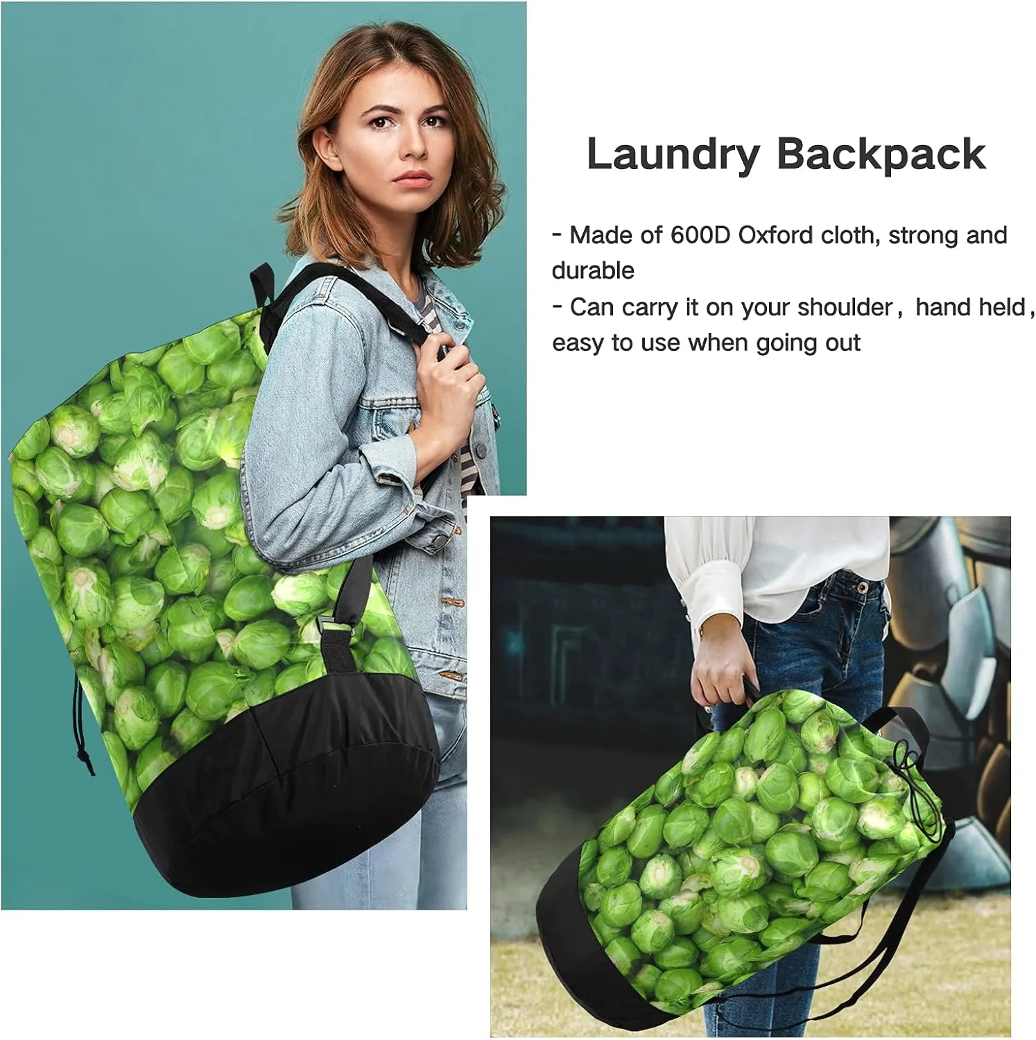 Green Brussel Sprout Vegetables Laundry Bag Large Heavy Duty Laundry Backpack with Shoulder Straps Waterproof Laundry bag for Traveling Camp Dirty Clothes Organizer for College Students