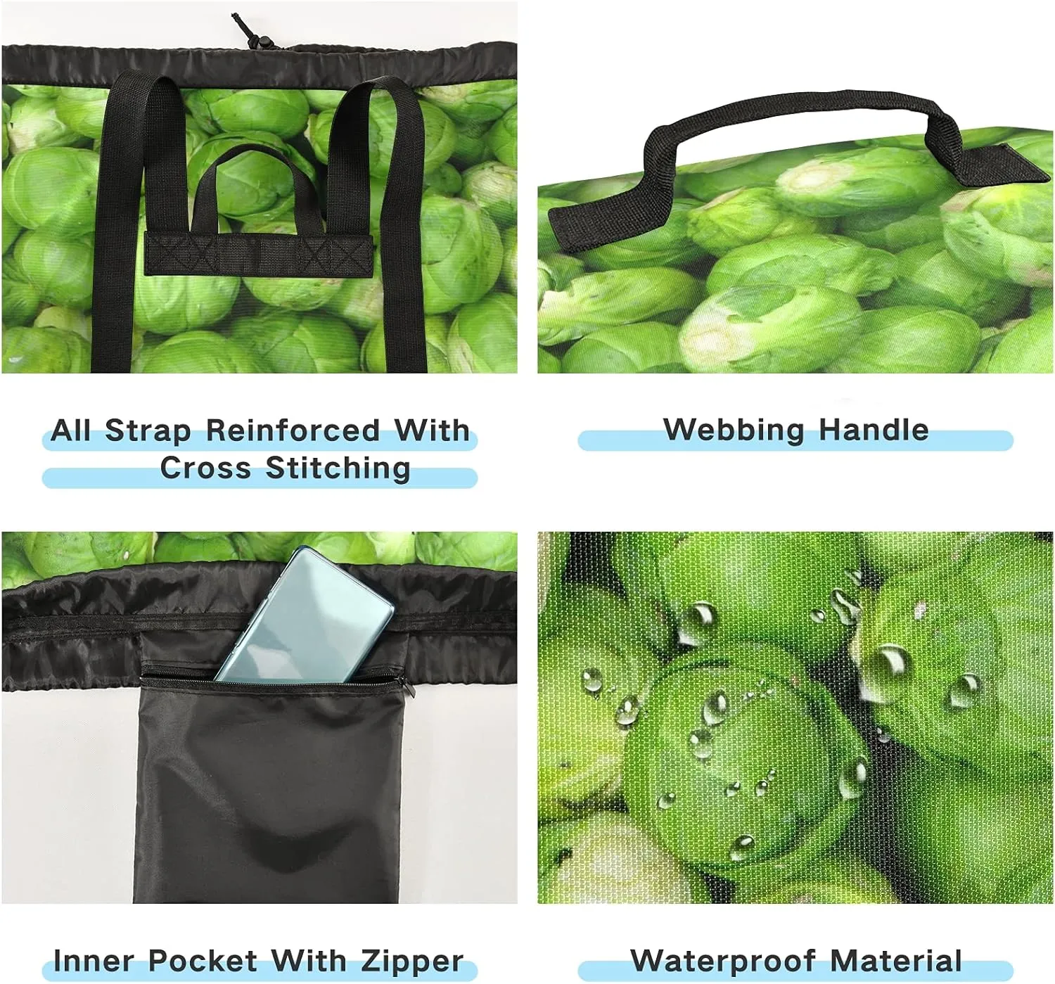 Green Brussel Sprout Vegetables Laundry Bag Large Heavy Duty Laundry Backpack with Shoulder Straps Waterproof Laundry bag for Traveling Camp Dirty Clothes Organizer for College Students