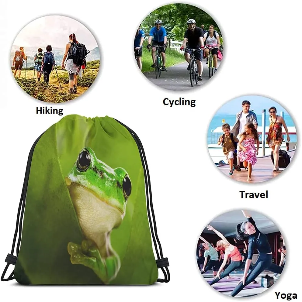 Green Frog Drawstring Bags Backpack Bag Cute Animal Little Funny Wildlife Tree Leaves Nature Black Big Eyes Sport Gym Sack Drawstring Bag String Bag Yoga Bag for Men Women