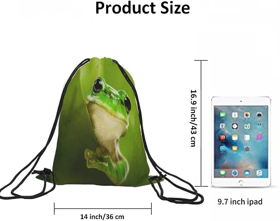 Green Frog Drawstring Bags Backpack Bag Cute Animal Little Funny Wildlife Tree Leaves Nature Black Big Eyes Sport Gym Sack Drawstring Bag String Bag Yoga Bag for Men Women