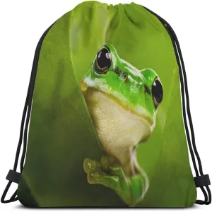 Green Frog Drawstring Bags Backpack Bag Cute Animal Little Funny Wildlife Tree Leaves Nature Black Big Eyes Sport Gym Sack Drawstring Bag String Bag Yoga Bag for Men Women