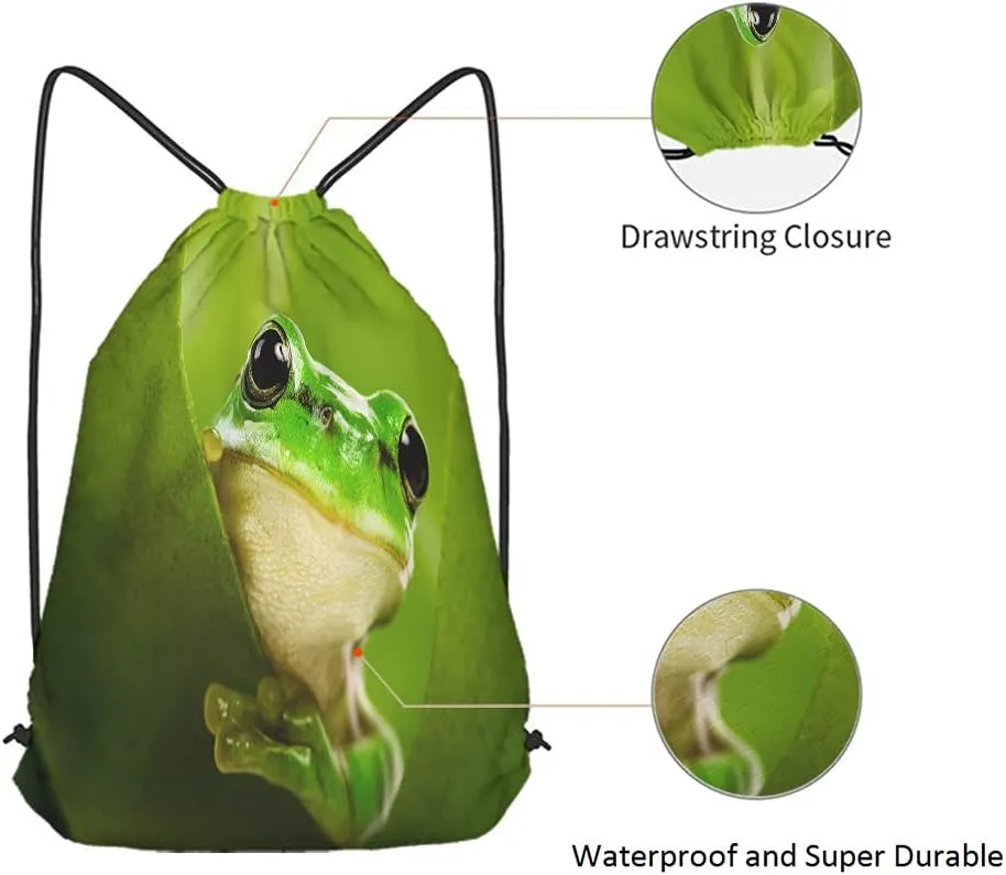 Green Frog Drawstring Bags Backpack Bag Cute Animal Little Funny Wildlife Tree Leaves Nature Black Big Eyes Sport Gym Sack Drawstring Bag String Bag Yoga Bag for Men Women