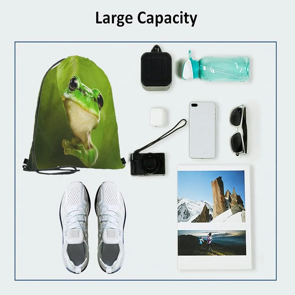 Green Frog Drawstring Bags Backpack Bag Cute Animal Little Funny Wildlife Tree Leaves Nature Black Big Eyes Sport Gym Sack Drawstring Bag String Bag Yoga Bag for Men Women