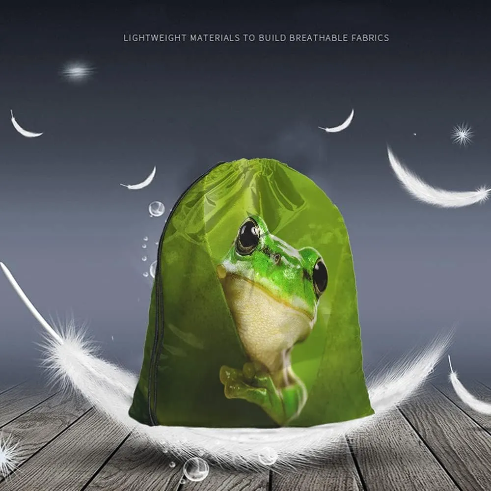 Green Frog Drawstring Bags Backpack Bag Cute Animal Little Funny Wildlife Tree Leaves Nature Black Big Eyes Sport Gym Sack Drawstring Bag String Bag Yoga Bag for Men Women
