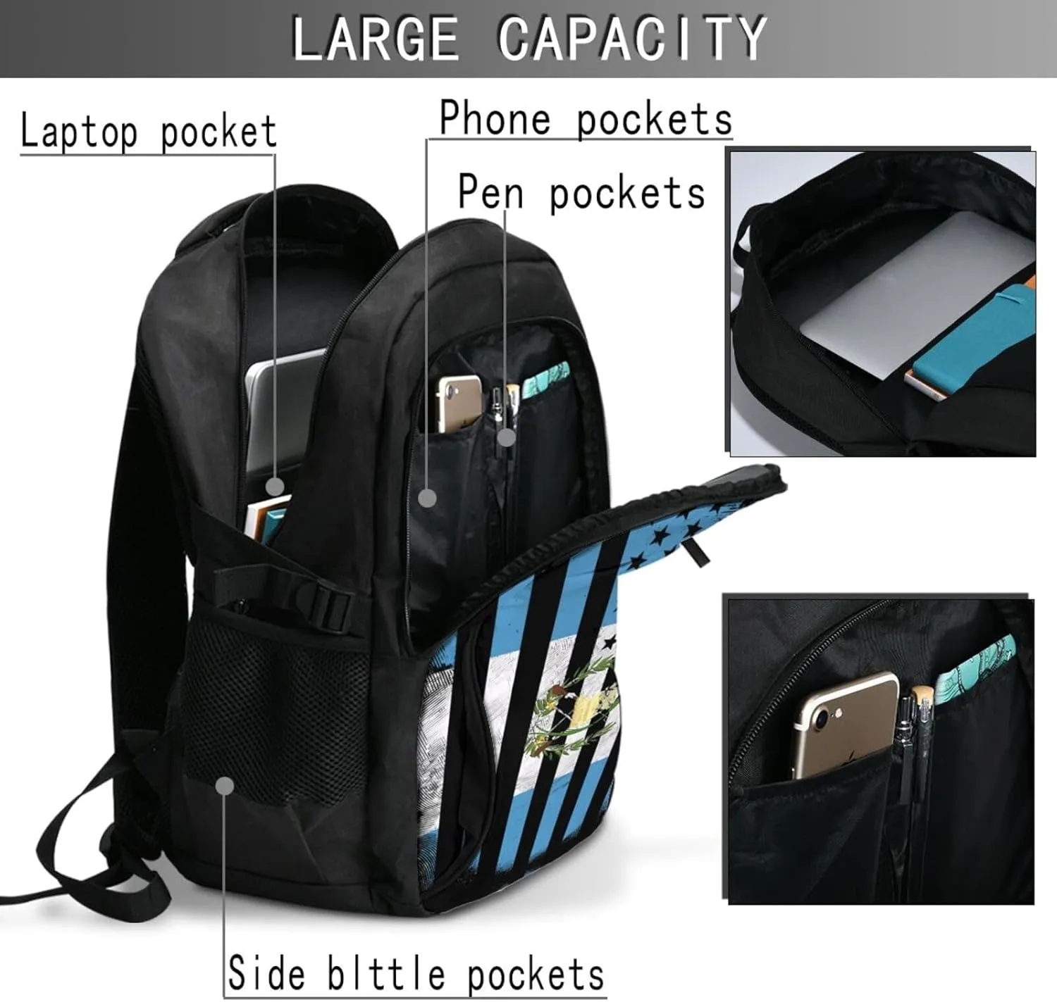 Guatemala Guatemalan American Flag Business Laptop Backpack Travel Backpacks Outdoor Rucksack Large Bag Daypack with USB Charging Port Multi-Pocket for Hiking Camping