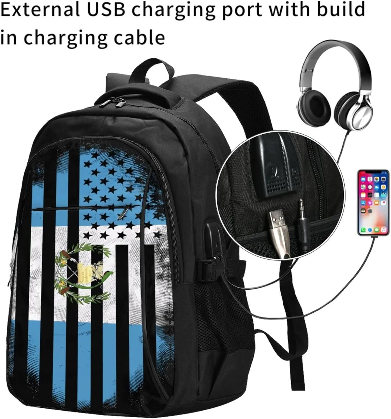 Guatemala Guatemalan American Flag Business Laptop Backpack Travel Backpacks Outdoor Rucksack Large Bag Daypack with USB Charging Port Multi-Pocket for Hiking Camping