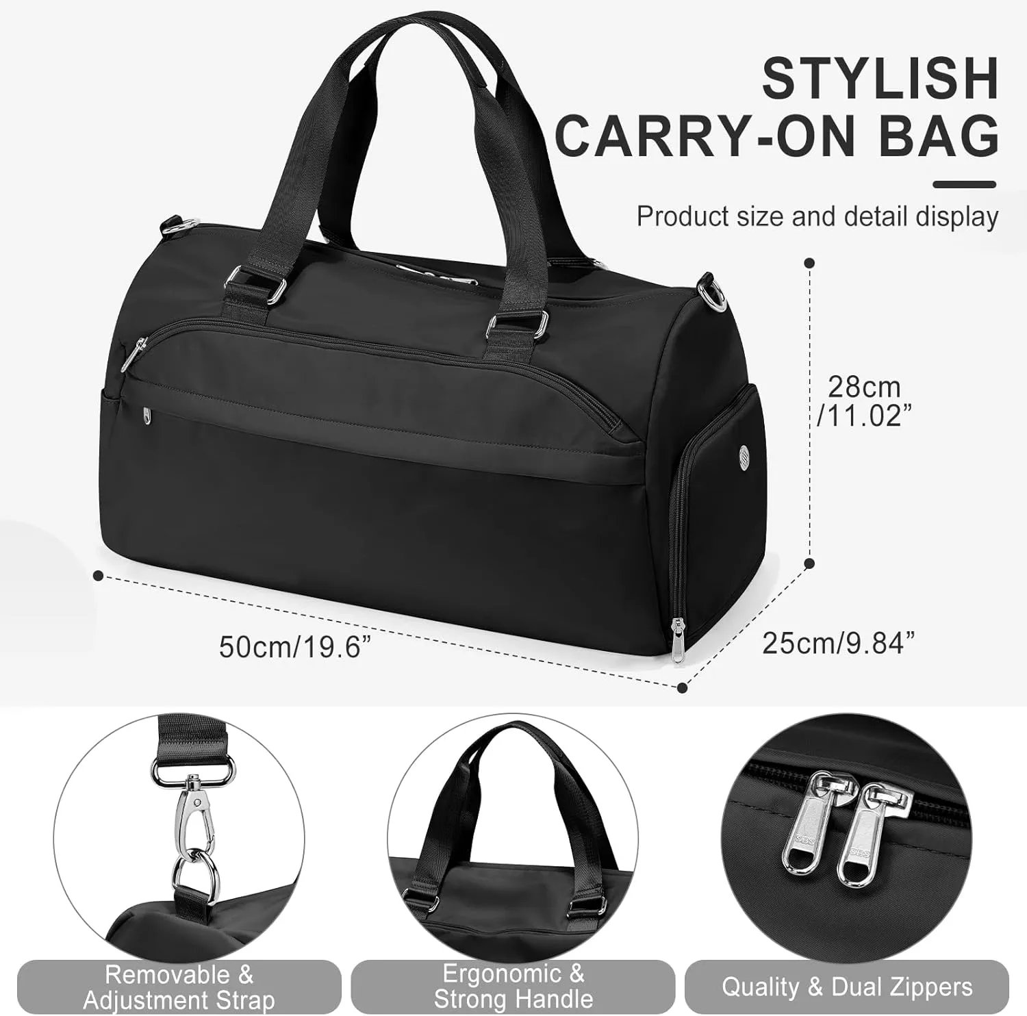 Gym Bag for Women & Men, Sports Duffel Bag Travel Bag with Shoe Compartment, Personal Item Weekender Bags with Wet Pocket, Black Overnight Bag