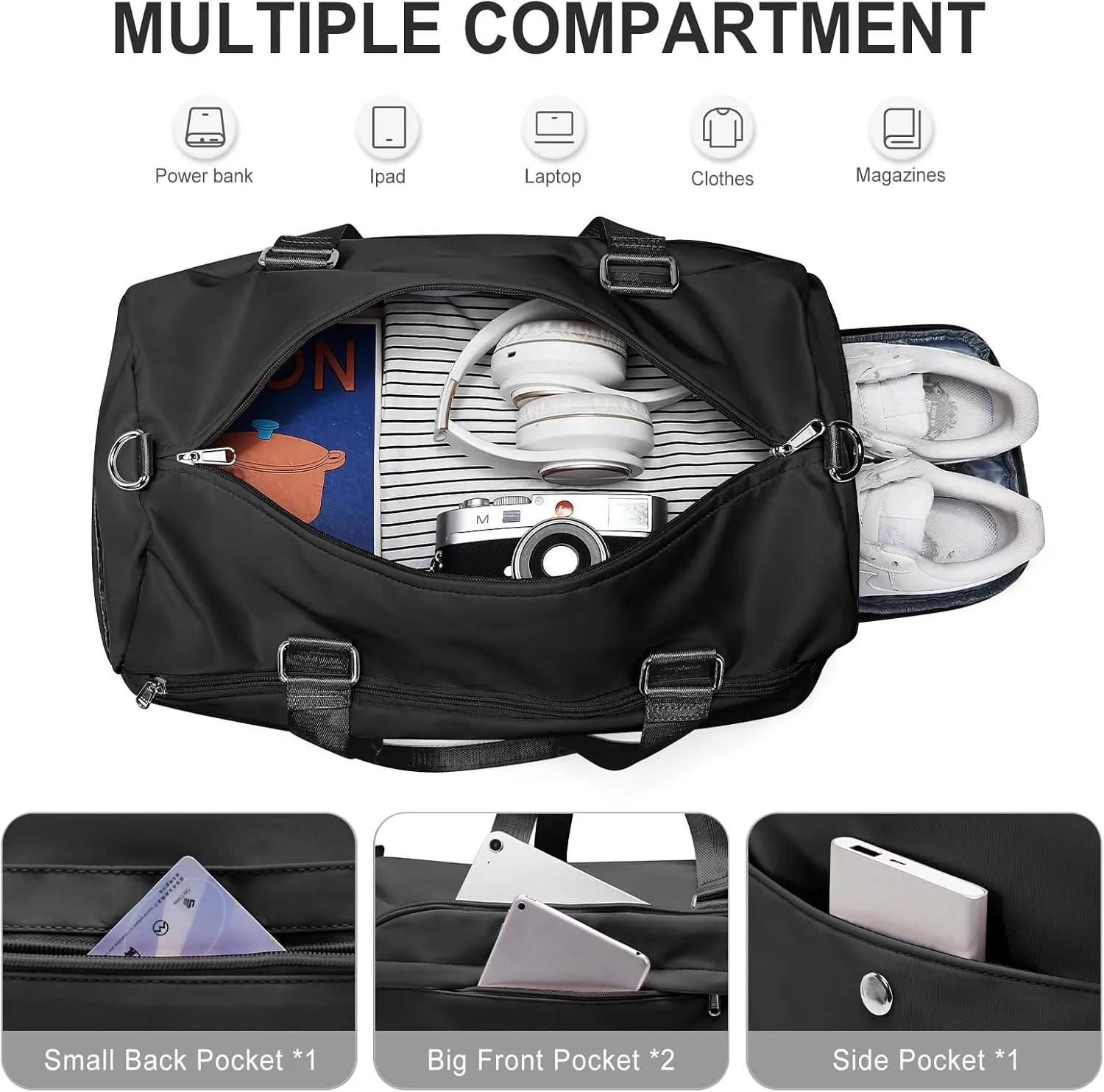 Gym Bag for Women & Men, Sports Duffel Bag Travel Bag with Shoe Compartment, Personal Item Weekender Bags with Wet Pocket, Black Overnight Bag